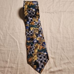 Ermenegildo Zegna Men's Tie Vintage 100% Silk Blue‎ Gold Tan Geometric Floral